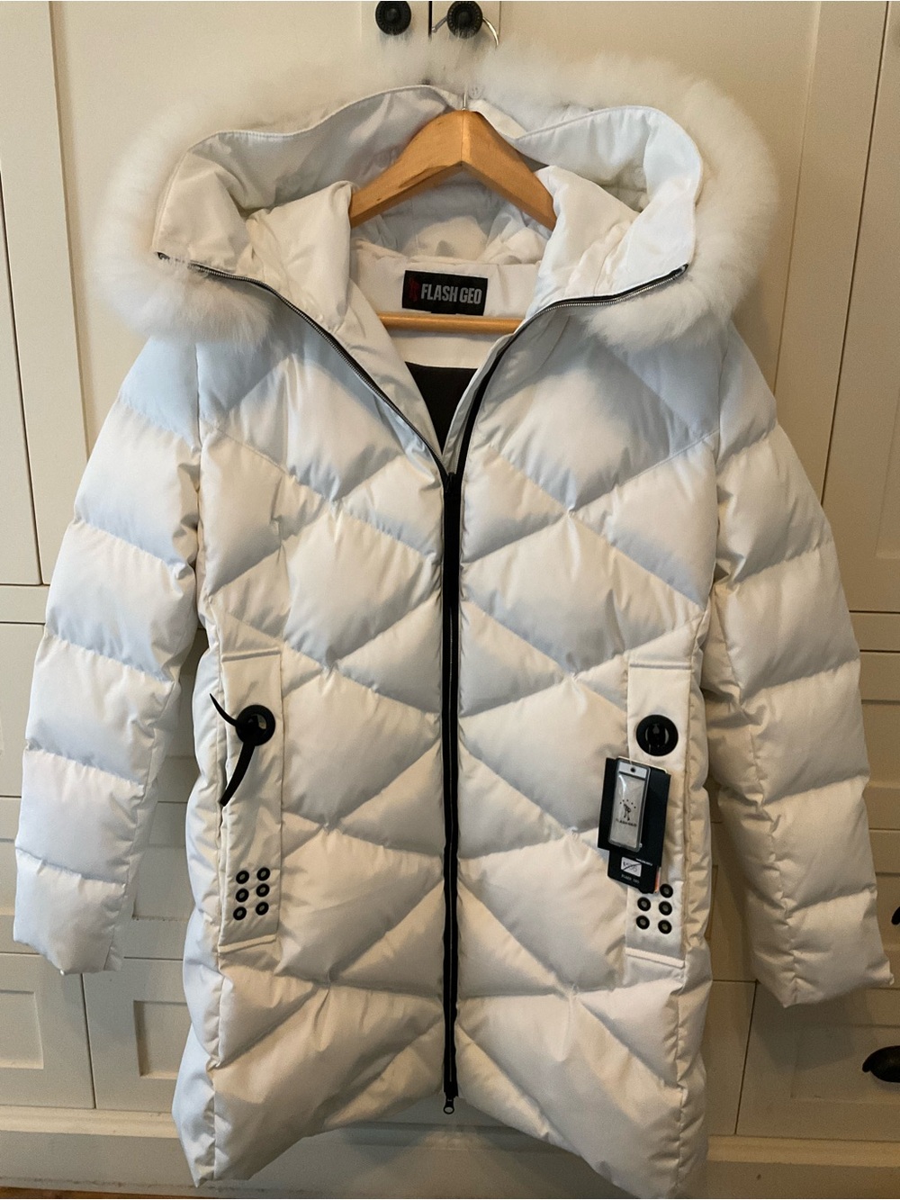 Women's White Quilted Puffer Coat with Fur-Trim Hood
